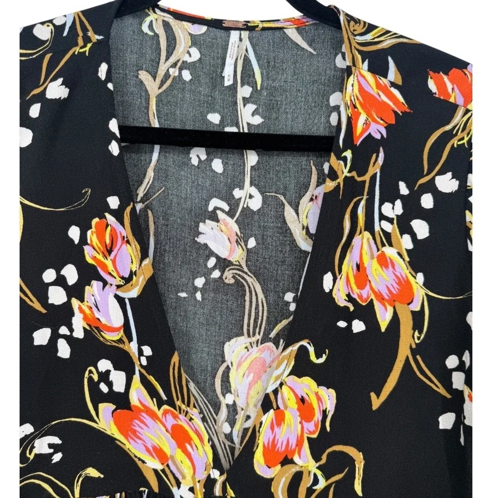 Free People‎ Bella Floral Babydoll Tunic Top Mini Dress Black V-Neck Size Medium